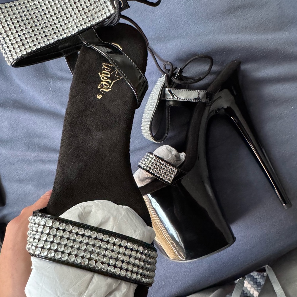 Pleaser Black Heels with Silver Accents